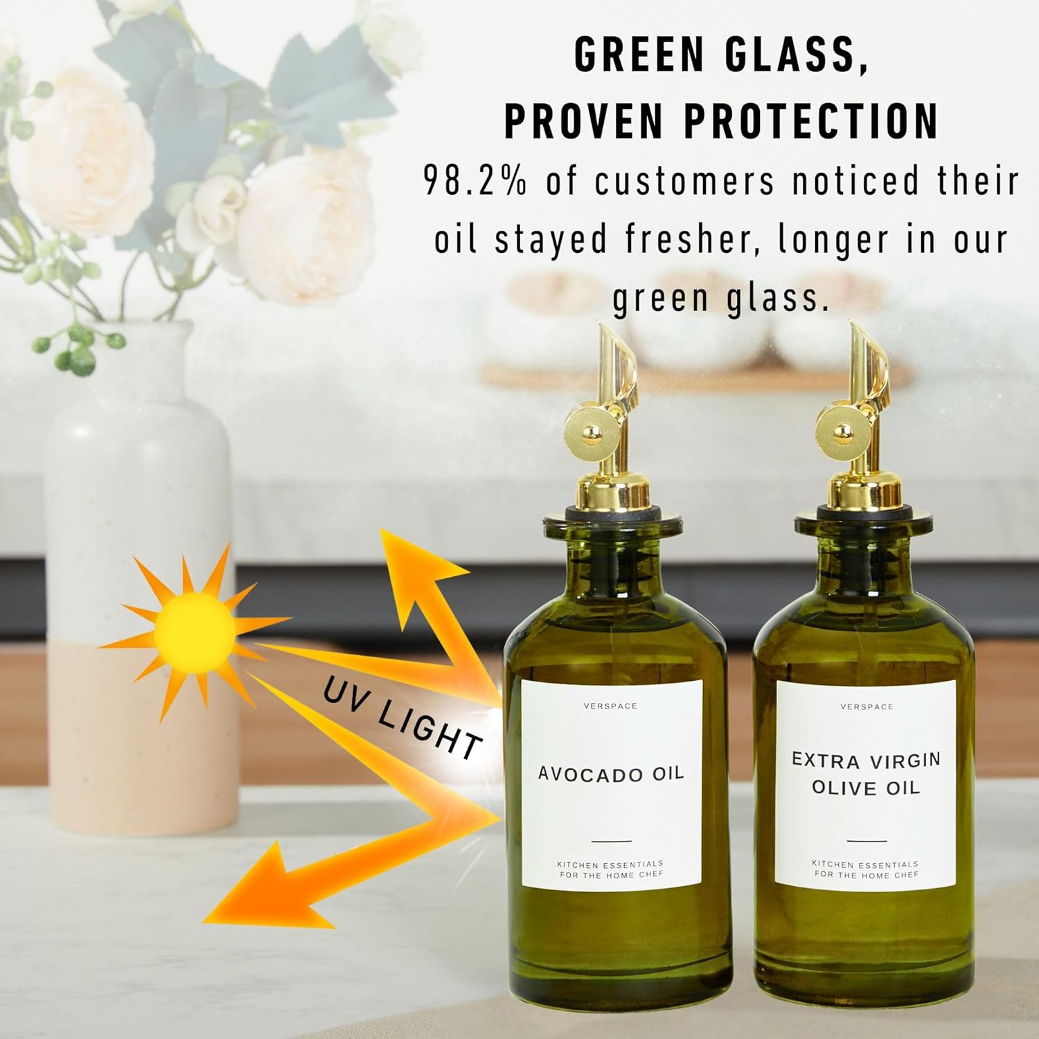 Green Glass Olive Oil Dispenser Bottle For Kitchen By Verpsace,Avocado Oil Dispenser Set, Modern