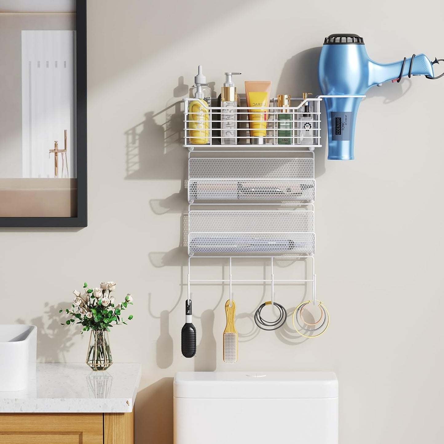 VITVITI Metal Hair Tool Organizer Wall Mount, Hair Dryer Holder with 3 Tier Shelf Basket Hooks