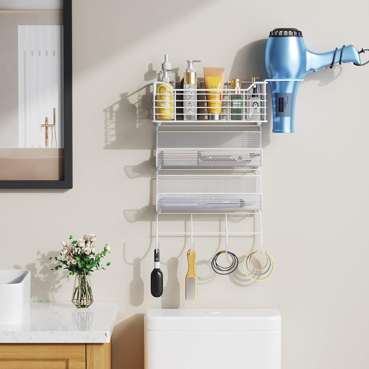 VITVITI Metal Hair Tool Organizer Wall Mount, Hair Dryer Holder with 3 Tier Shelf Basket Hooks