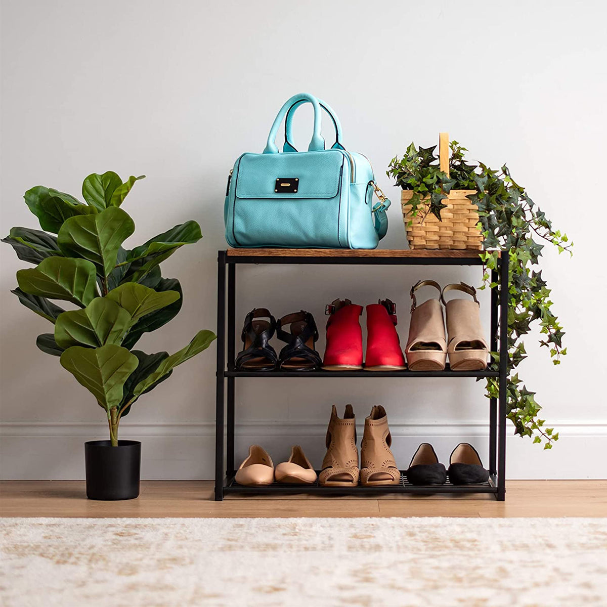 IRIS USA 3-Tier Shoe Rack, Holds 6 Pairs, Wood Metal Bench