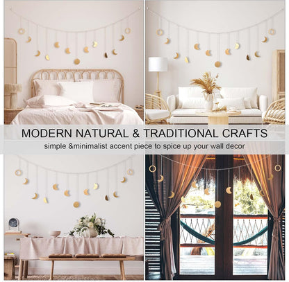 Moon Phase Wall Decor with LED String Light, 13 Gold Wood Boho Wall Hanging Decor Mood Garland 56''