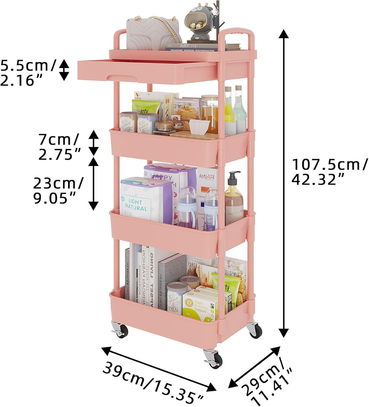 Calmootey 4-Tier Rolling Utility Cart with Drawer,Multifunctional Storage Organizer with Plastic
