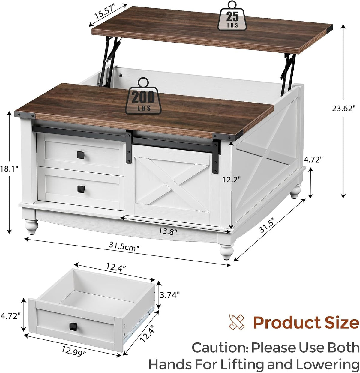 31.5" Lift Top Coffee Table with Storage, Farmhouse Coffee Tables for Living Room, Square Coffee