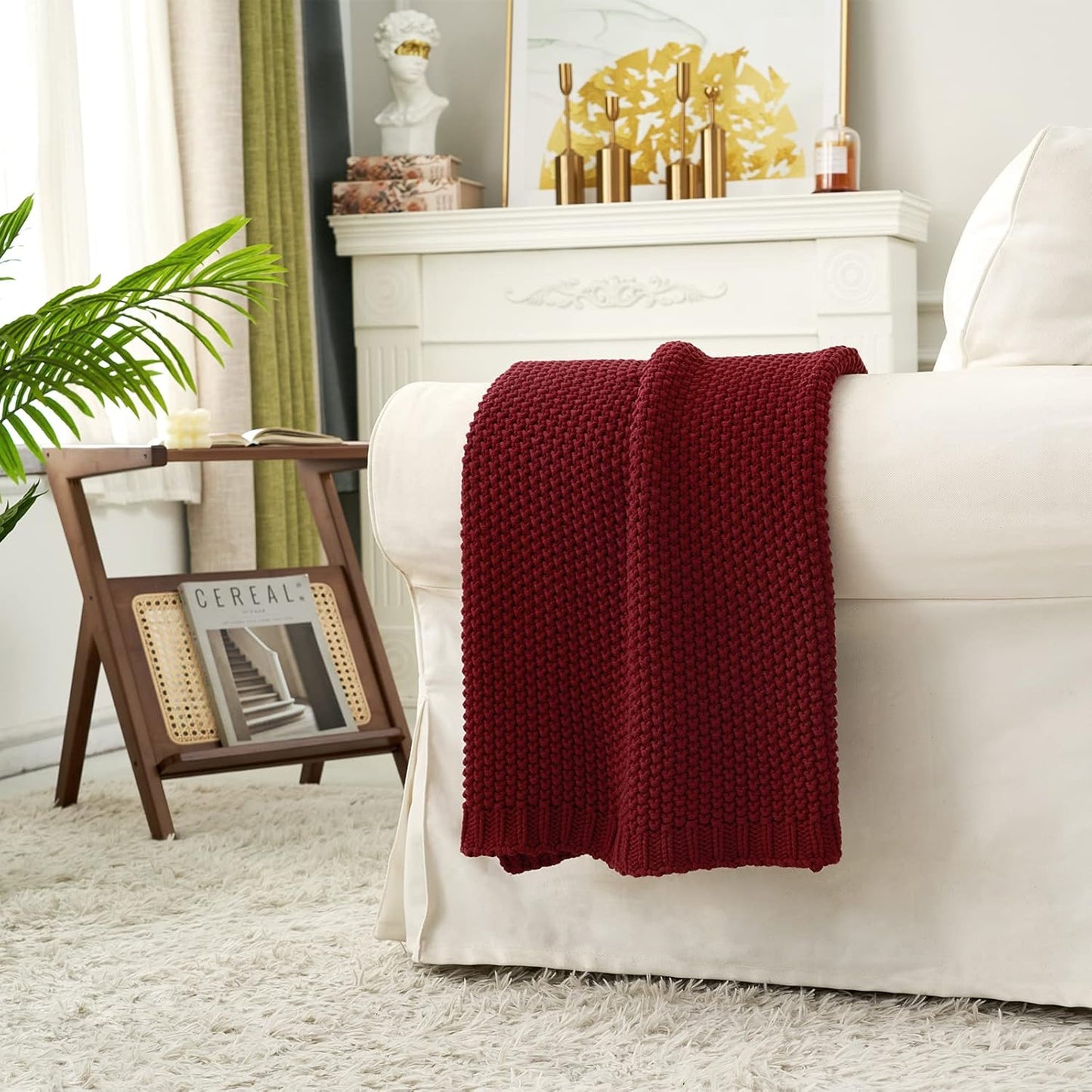 Longhui bedding Chunky Cable Knit Throw Blanket Lightweight Burgundy 100% Organic Cotton Blanket