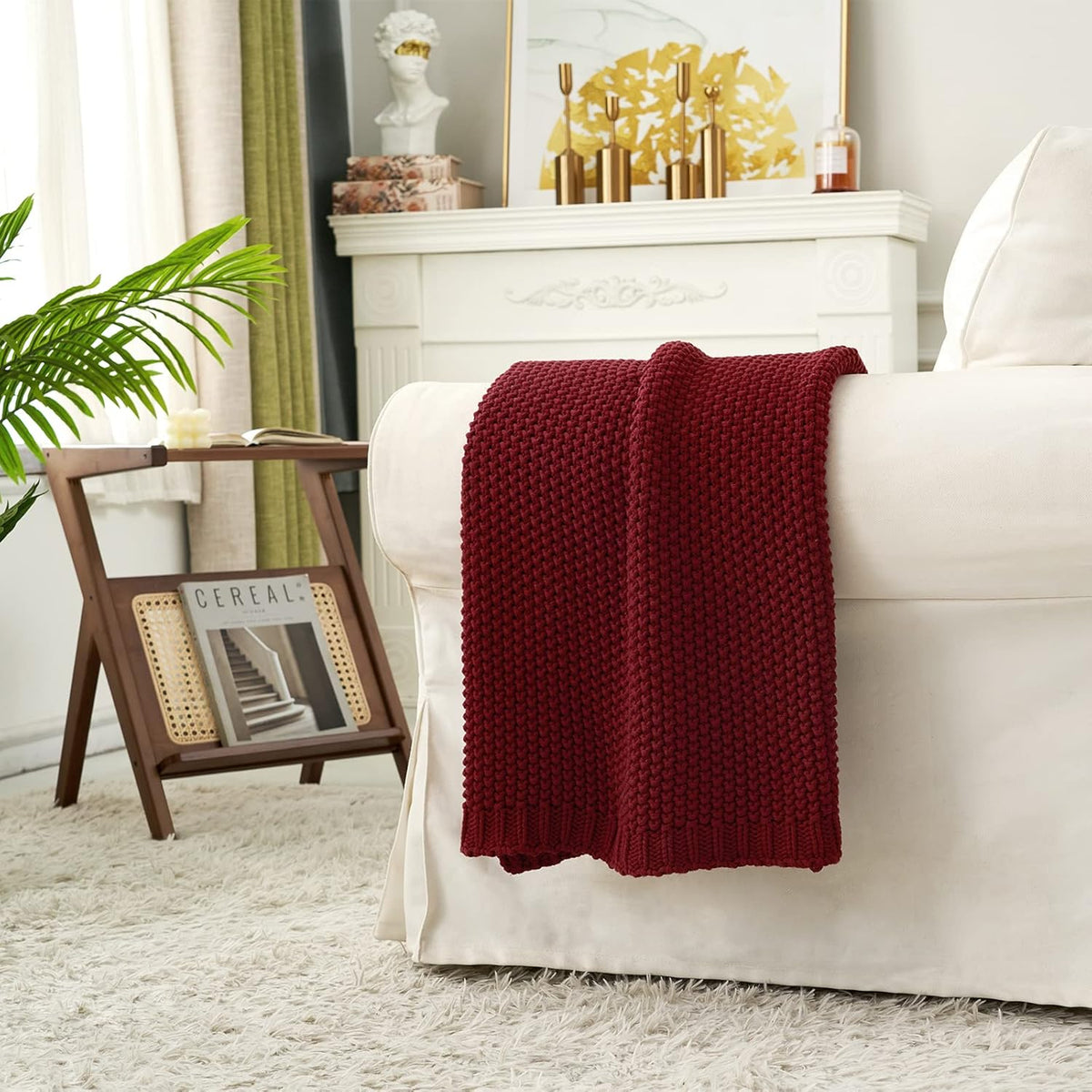 Longhui bedding Chunky Cable Knit Throw Blanket Lightweight Burgundy 100% Organic Cotton Blanket