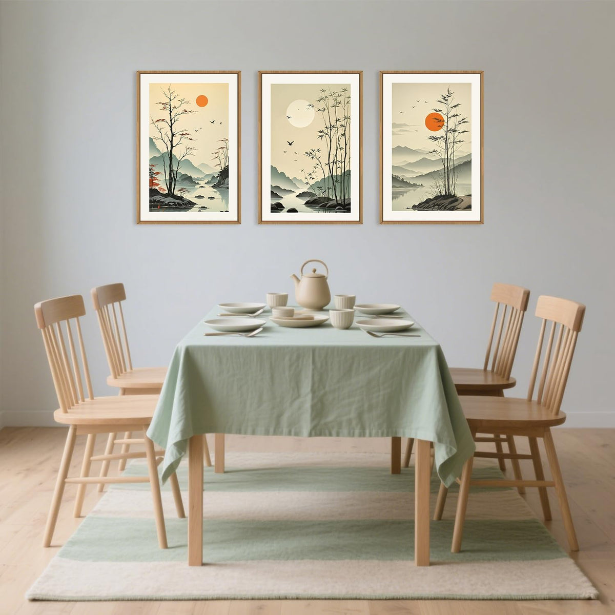 Chinoiserie Bamboo Forest Framed Canvas Wall Art Set, Nature Tree Lakes Wall Decor, Minimalist Zen