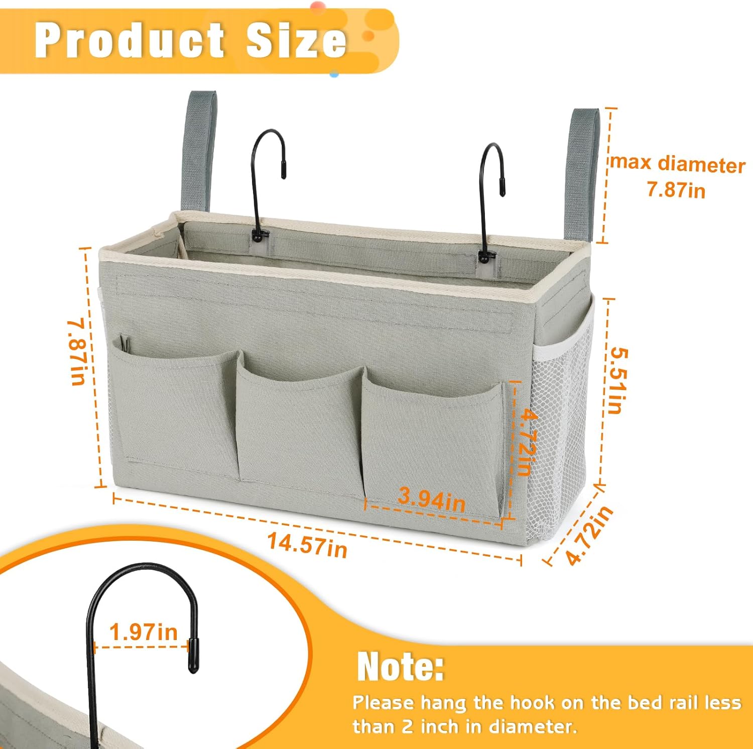 Bedside Caddy Organizer with Fixed Straps & Water Bottle Holder for Home, College Dorm, Bunk Bed