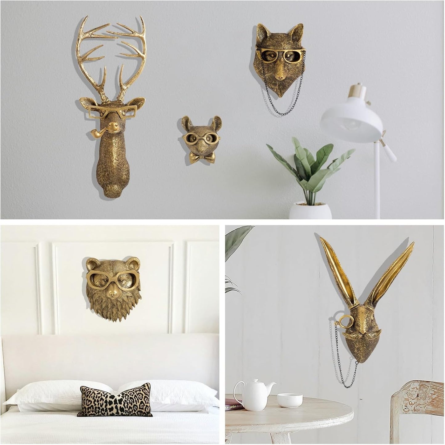 GUASDIE Animal Heads Wall Decor, Faux Deer Head Mount, Animal Sculptures Wall Decor, Resin Animal