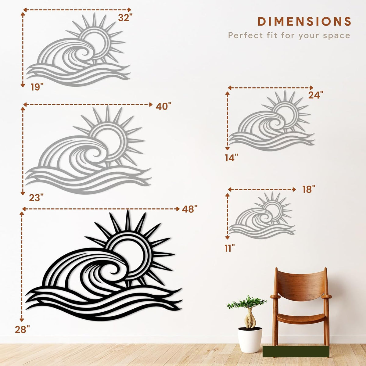Wita Home Ocean Wave Metal Wall Art, Sun Beach Decor, Coastal Large Wall Sculpture for Home