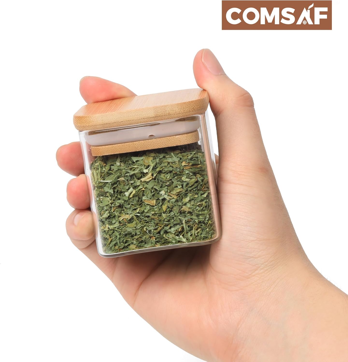 ComSaf 16Pcs Glass Spice Jars with Bamboo Lid, 4oz Airtight Square Spice Containers with 275 Black