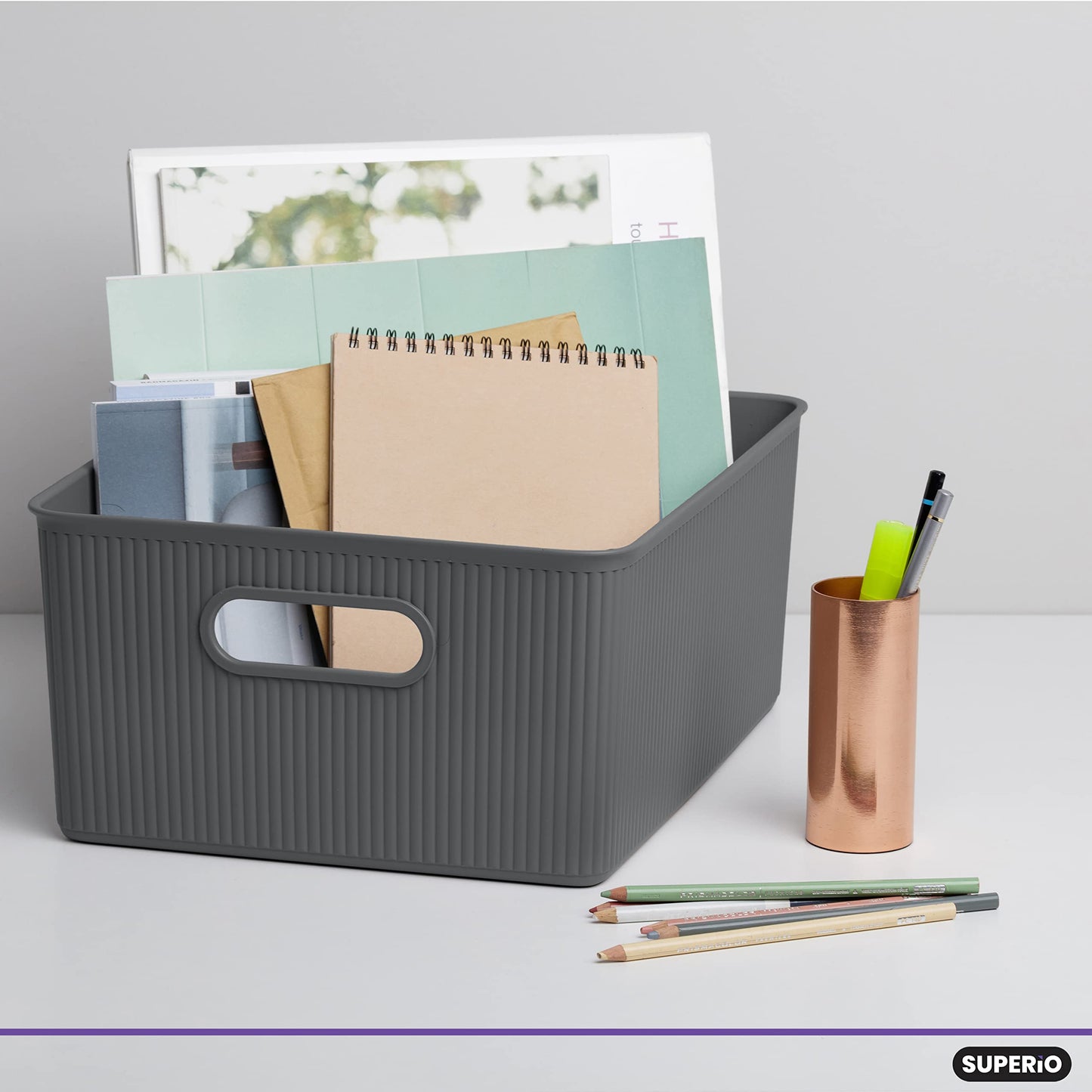 Superio Ribbed Collection - Decorative Plastic Basket Open Home Storage Bins Organizer, Large Grey