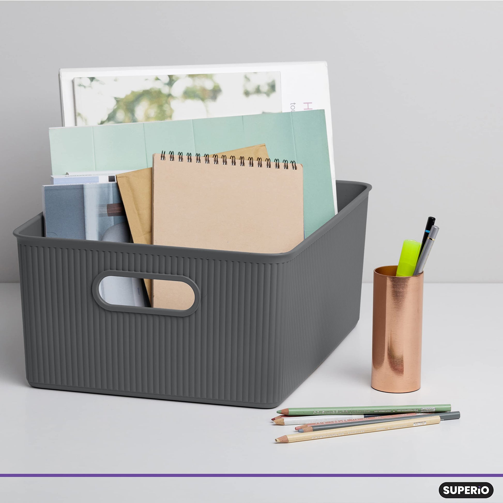 Superio Ribbed Collection - Decorative Plastic Basket Open Home Storage Bins Organizer, Large Grey