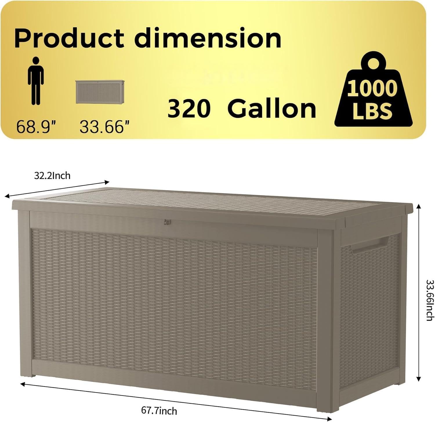 320 Gallon Outdoor Storage Box Patio Deck Box Waterproof, Resin Lockable Outside Large Storage Bin