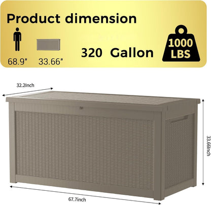 320 Gallon Outdoor Storage Box Patio Deck Box Waterproof, Resin Lockable Outside Large Storage Bin