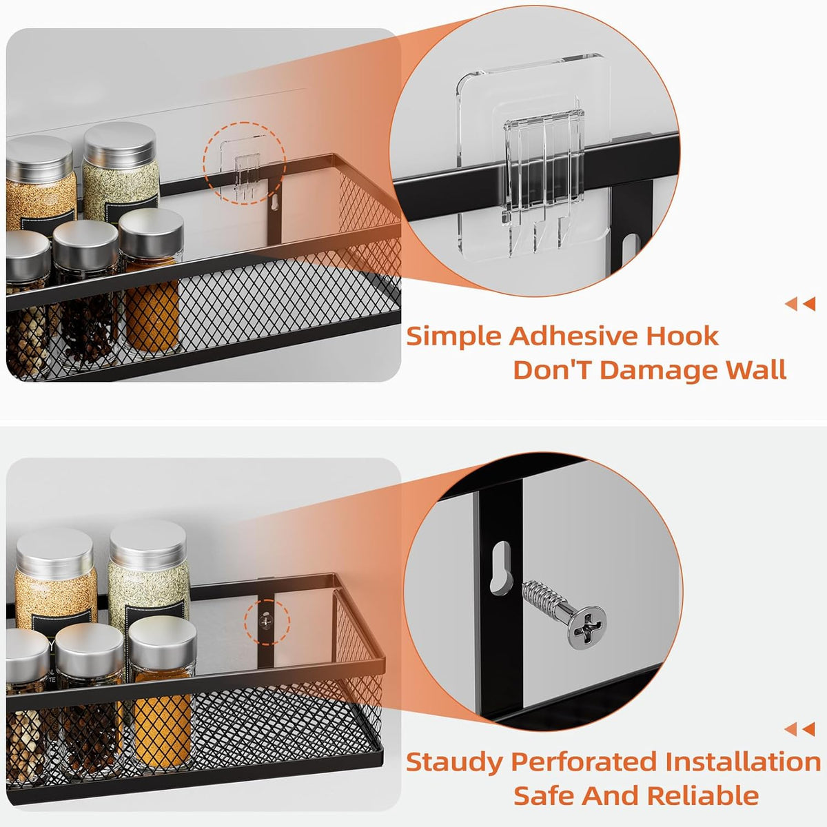 Spice Rack Wall Mount, 4 Pack Pantry Door Organizer & Hanging Storage Baskets Organizer Wall Mount