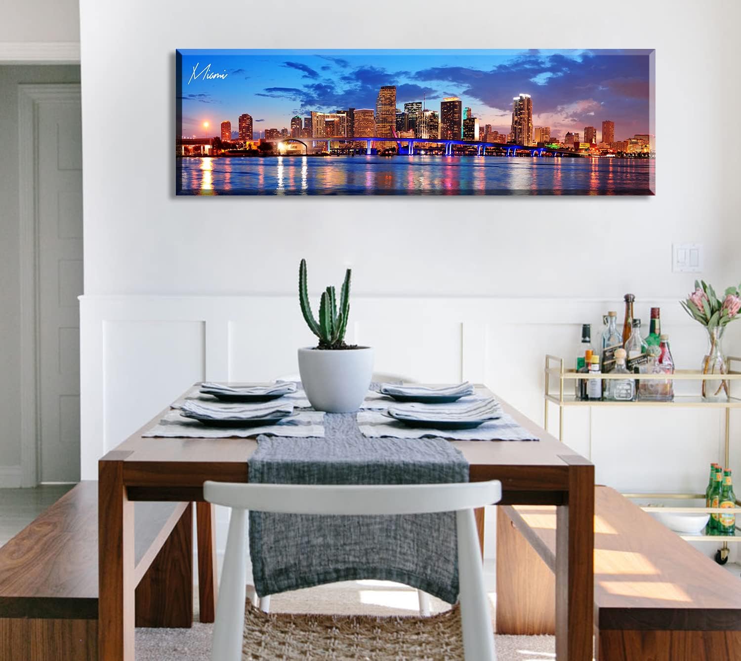 Office Wall Decor Miami Skyline Wall Art Panoramic Cityscape Picture Modern USA City Night View