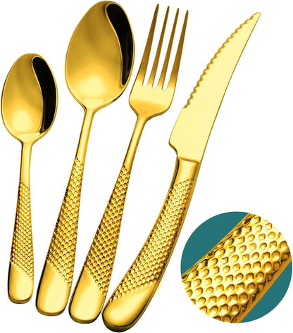 16-Piece Luxury Gold Hammered Silverware Set with Ultra Sharp 2-IN-1 Serrated Knife, 18/10