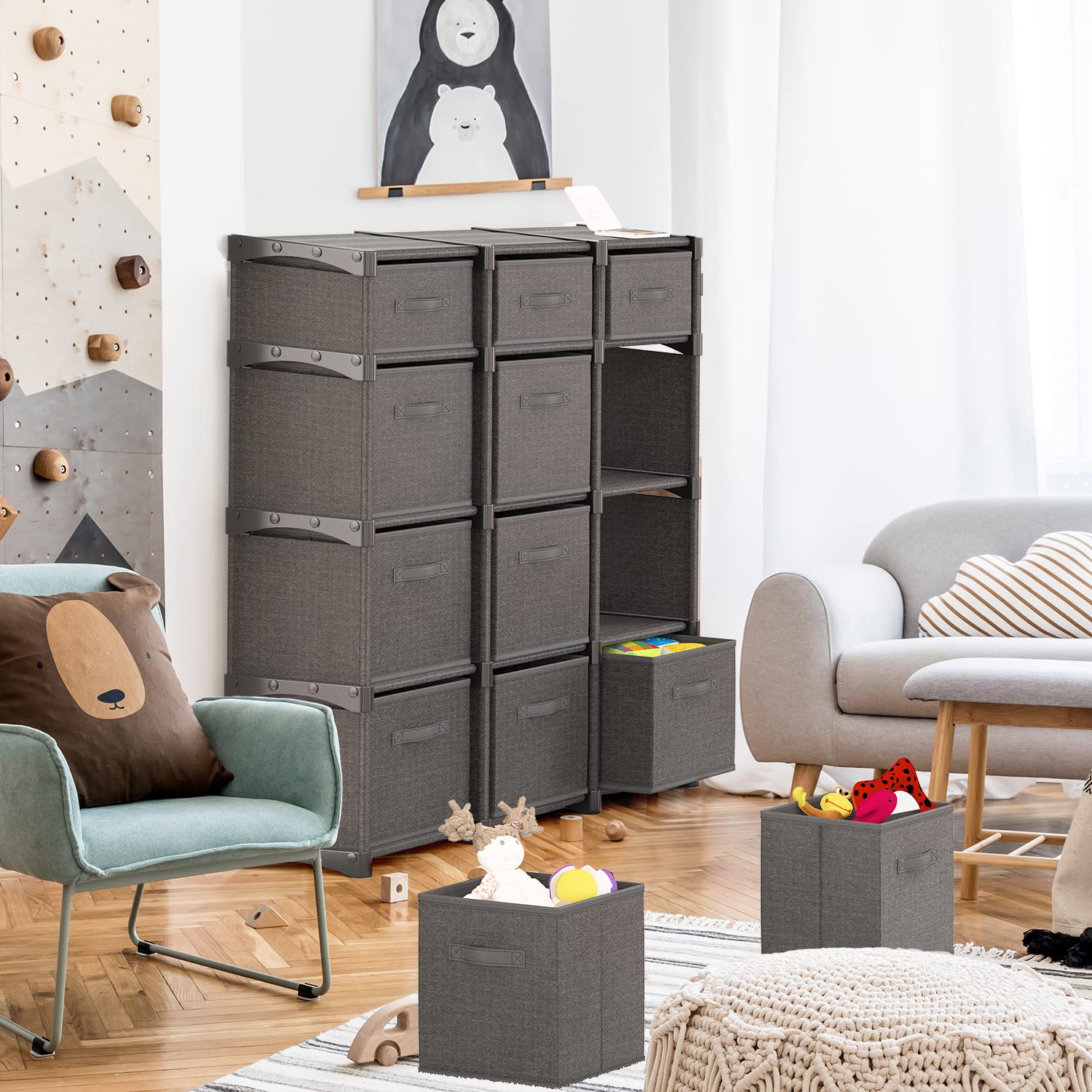 12 Cube Storage Organizer, Gray Storage Cubes Organizer Shelves, Sturdy Cubbies Storage Shelves