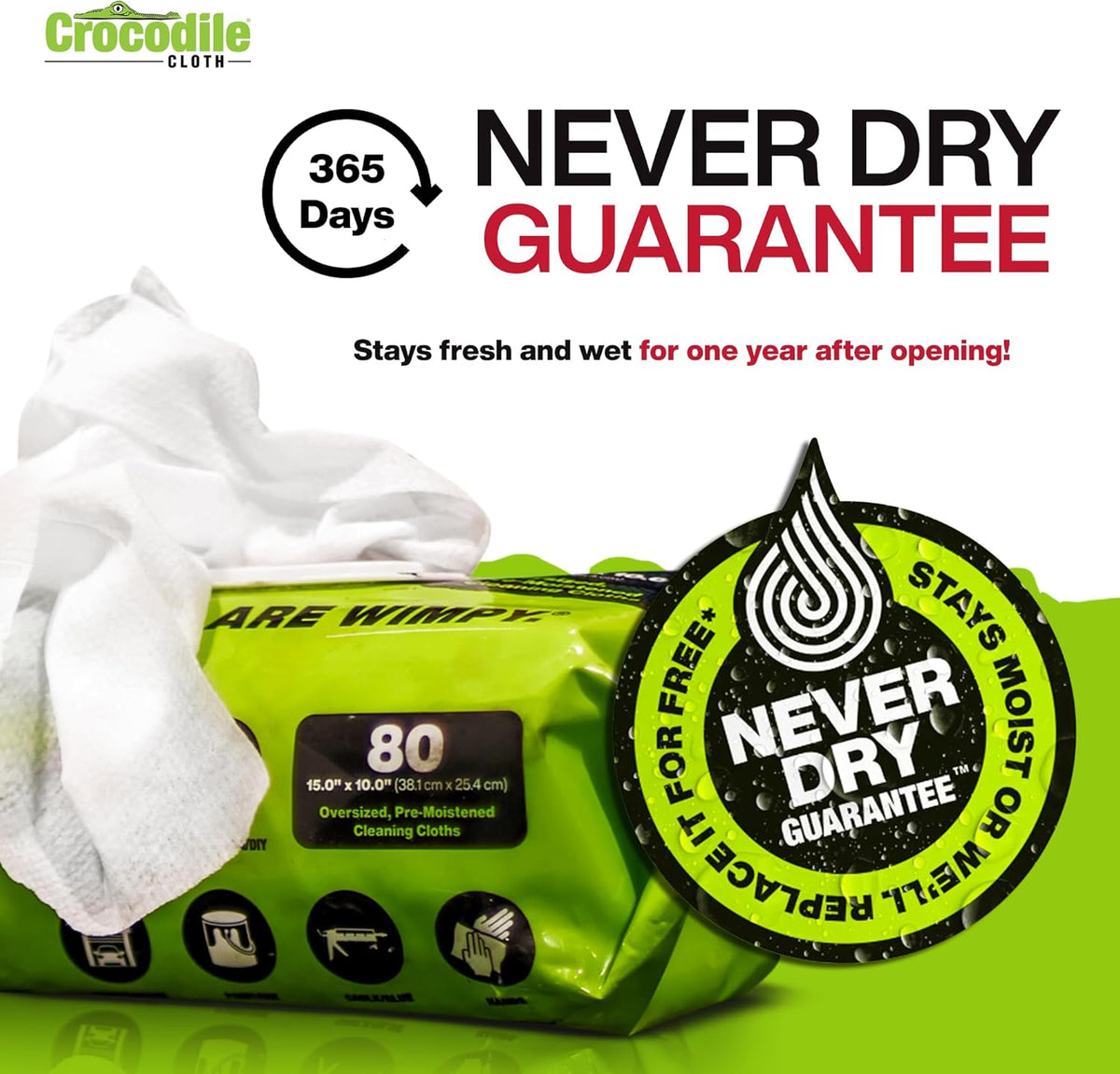 Crocodile Cloth PowerScrub - 80 Dual Surfaced Cloths, 10in X 15in. Large, Moist, Absorbent and
