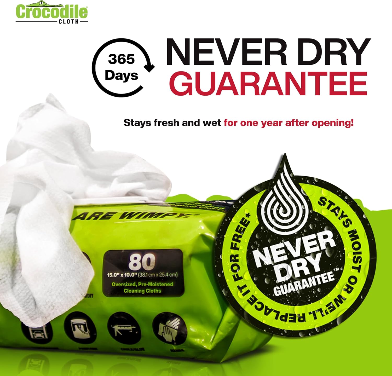 Crocodile Cloth PowerScrub - 80 Dual Surfaced Cloths, 10in X 15in. Large, Moist, Absorbent and