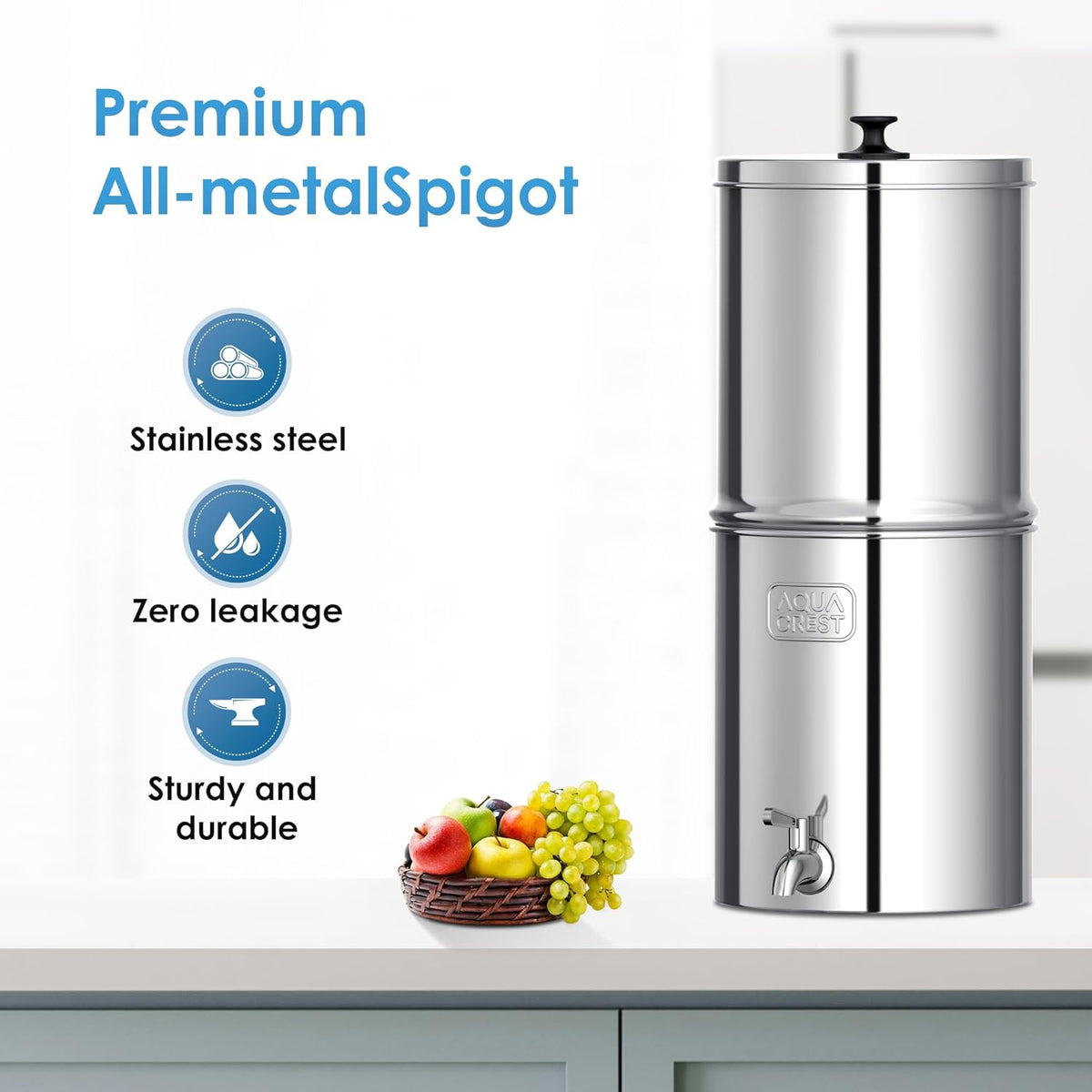 AQUA CREST Gravity Water Filter System, 304 Stainless Steel Countertop System with 4 Filters and