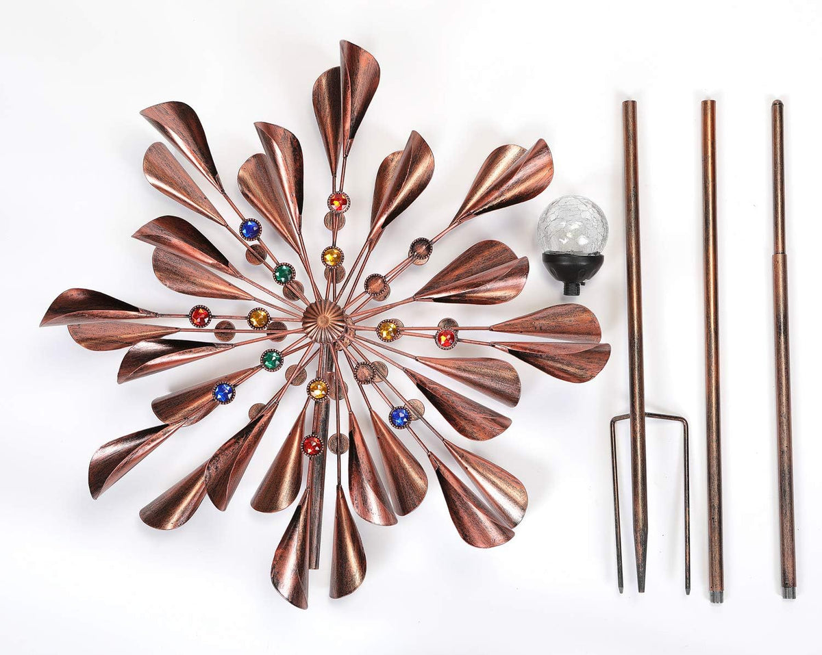 Large 79In Copper Kinetic Wind Spinner Multi-Color Seasonal LED Lighting Solar Powered Glass Ball