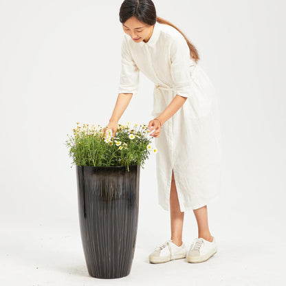 Worth Garden 23.5" H. Large Plastic Planters - Set of 2 Gradient Black Glossy Smooth Finish - Tall