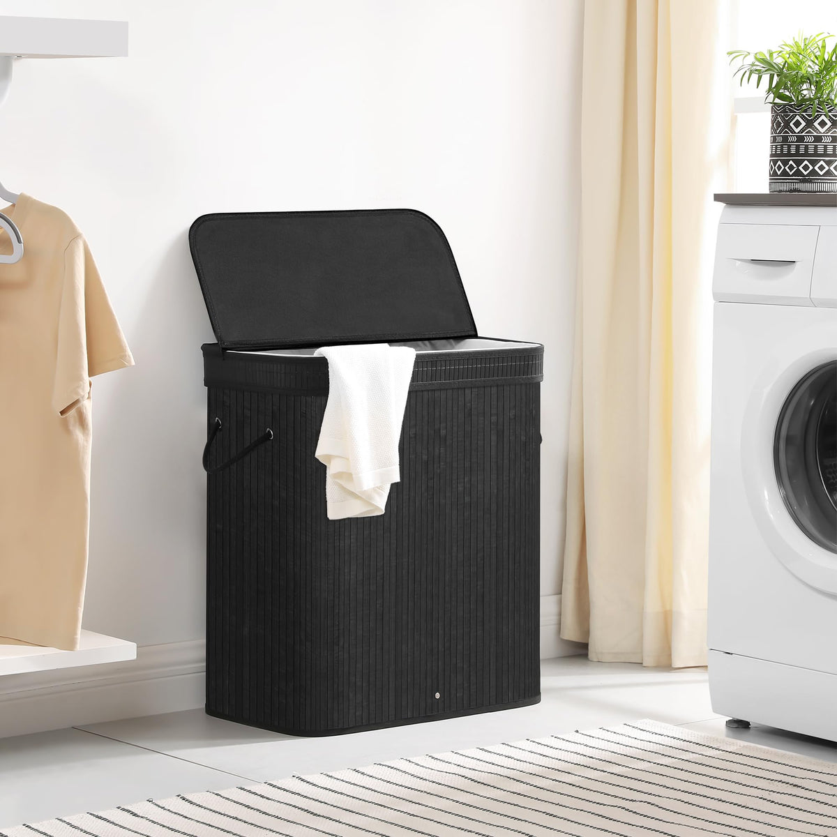 SONGMICS Laundry Hamper with Lid, Bamboo Laundry Basket, Removable Machine Washable Laundry Basket