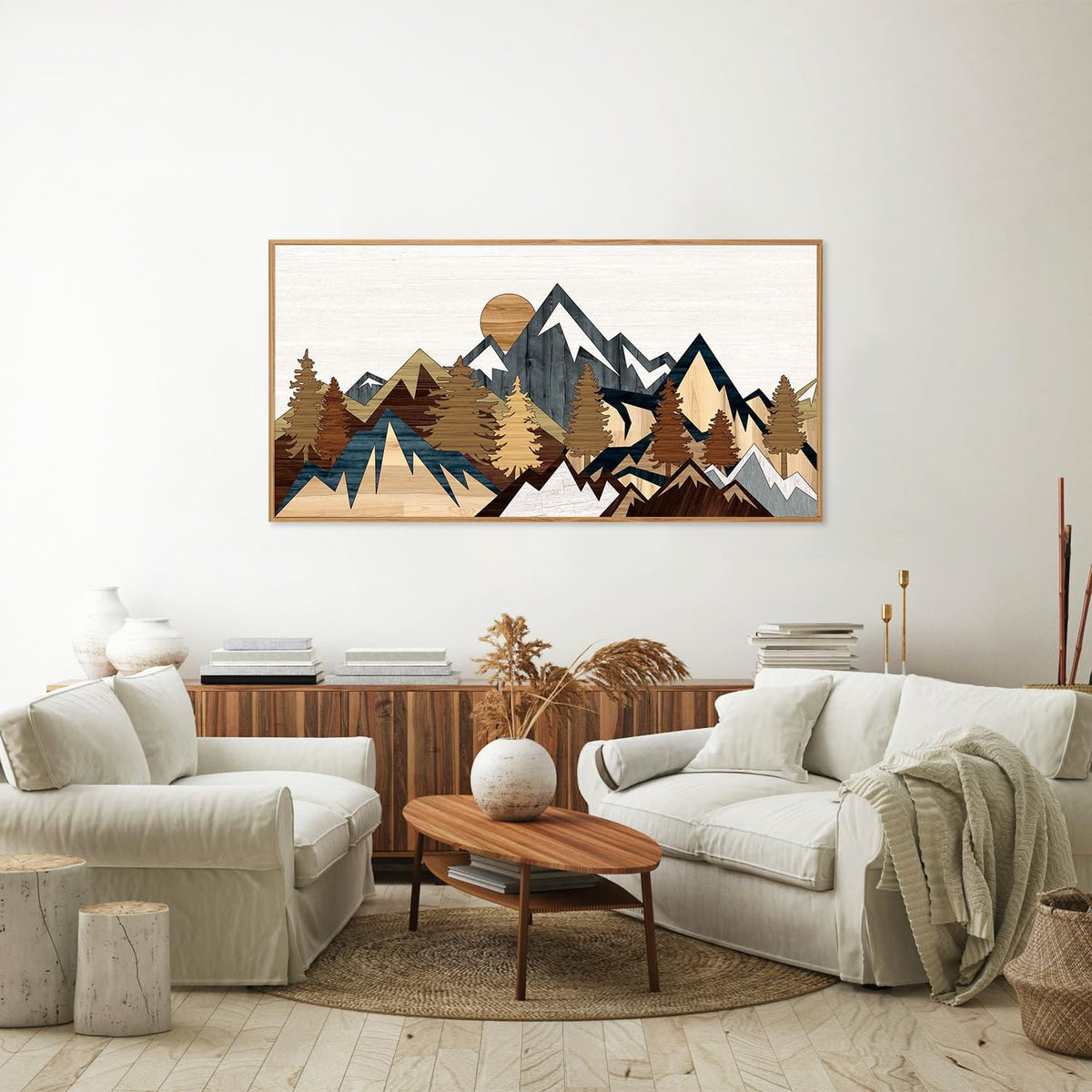 SIGNINART Large Mountain Framed Canvas Wall Art, Boho Sunrise Wilderness Wall Decor, Vintage Forest