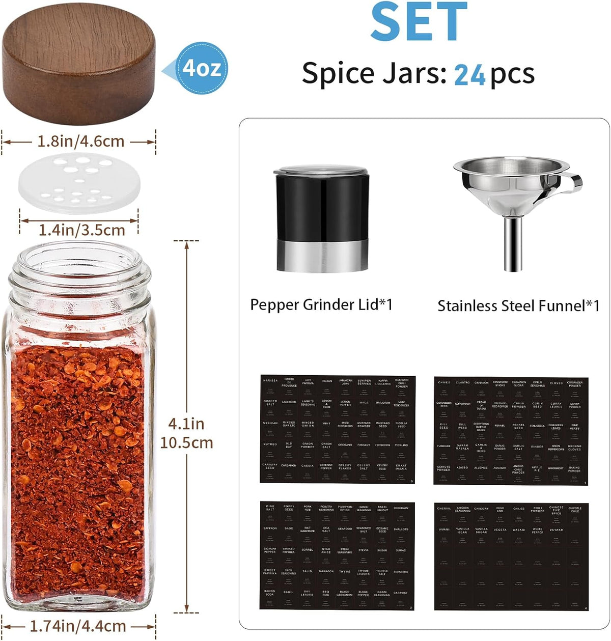 Yangbaga 24Pcs Glass Spice Jars with Labels-4OZ Wood Lid Square Spice Containers with Pepper