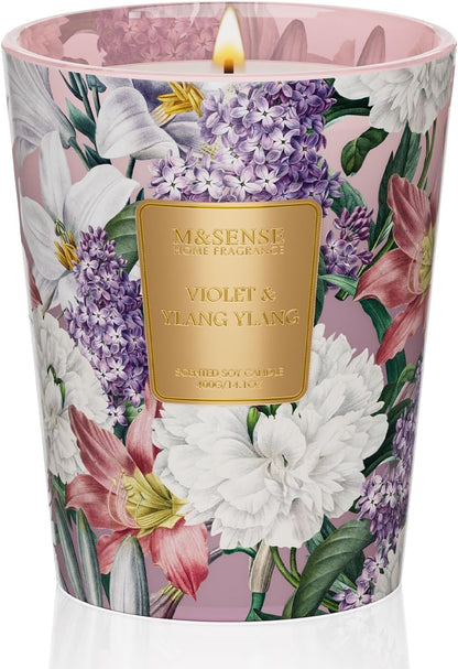 M&SENSE Violet YlangYlang Scented Candle, Soy Natural Wax Candles, 14.1oz 60H Burn Time Slow