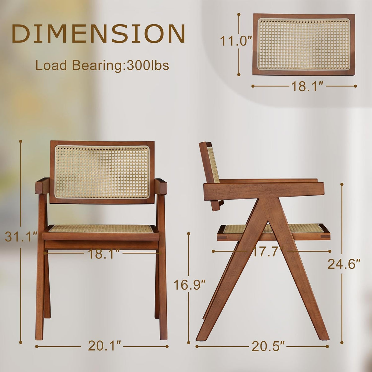 Rattan Walnut Mid Century Modern Dining Chairs Set of 4, Comfy Armchairs with Cane Back, Outdoor