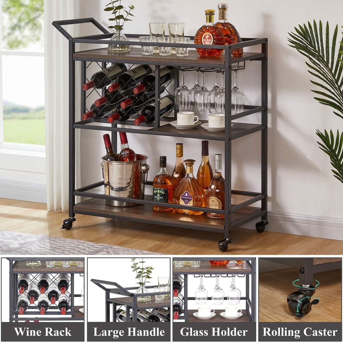 FATORRI Bar Cart for The Home with Wine Rack and Glasses Holder, Small Home Bar Serving Cart on