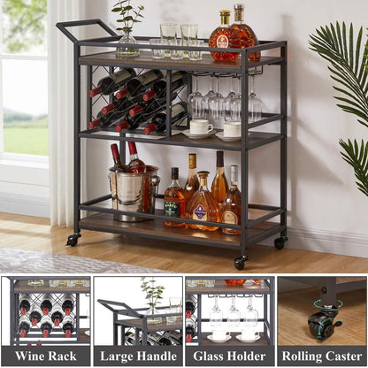 FATORRI Bar Cart for The Home with Wine Rack and Glasses Holder, Small Home Bar Serving Cart on