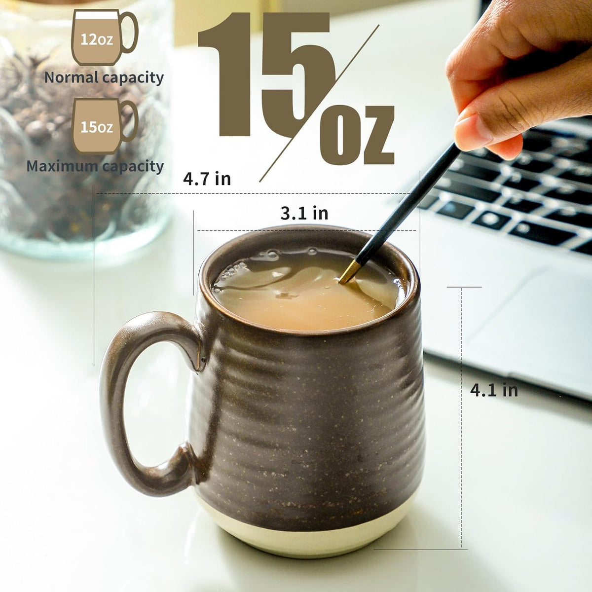 Hasense Coffee Cups Set of 6, 15 oz Stoneware Coffee Mugs with Big Handles, Modern Tea Cup for