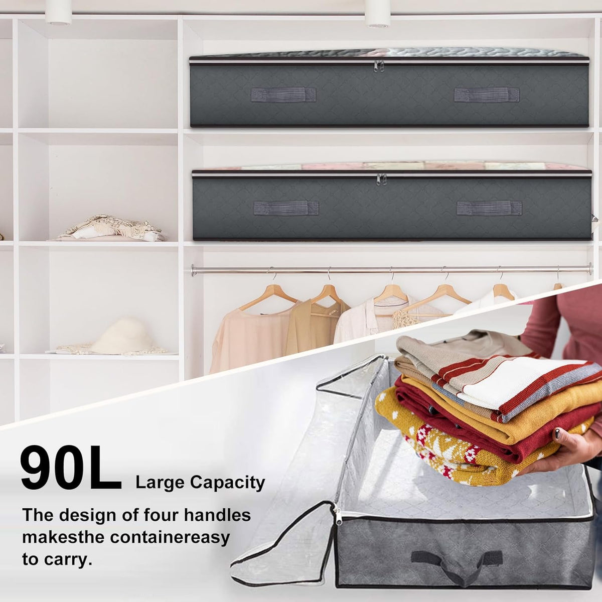 4 Pack Under Bed Storage, 90L Collapsible Closet Containers Organizers and Under Bed Storage Bins