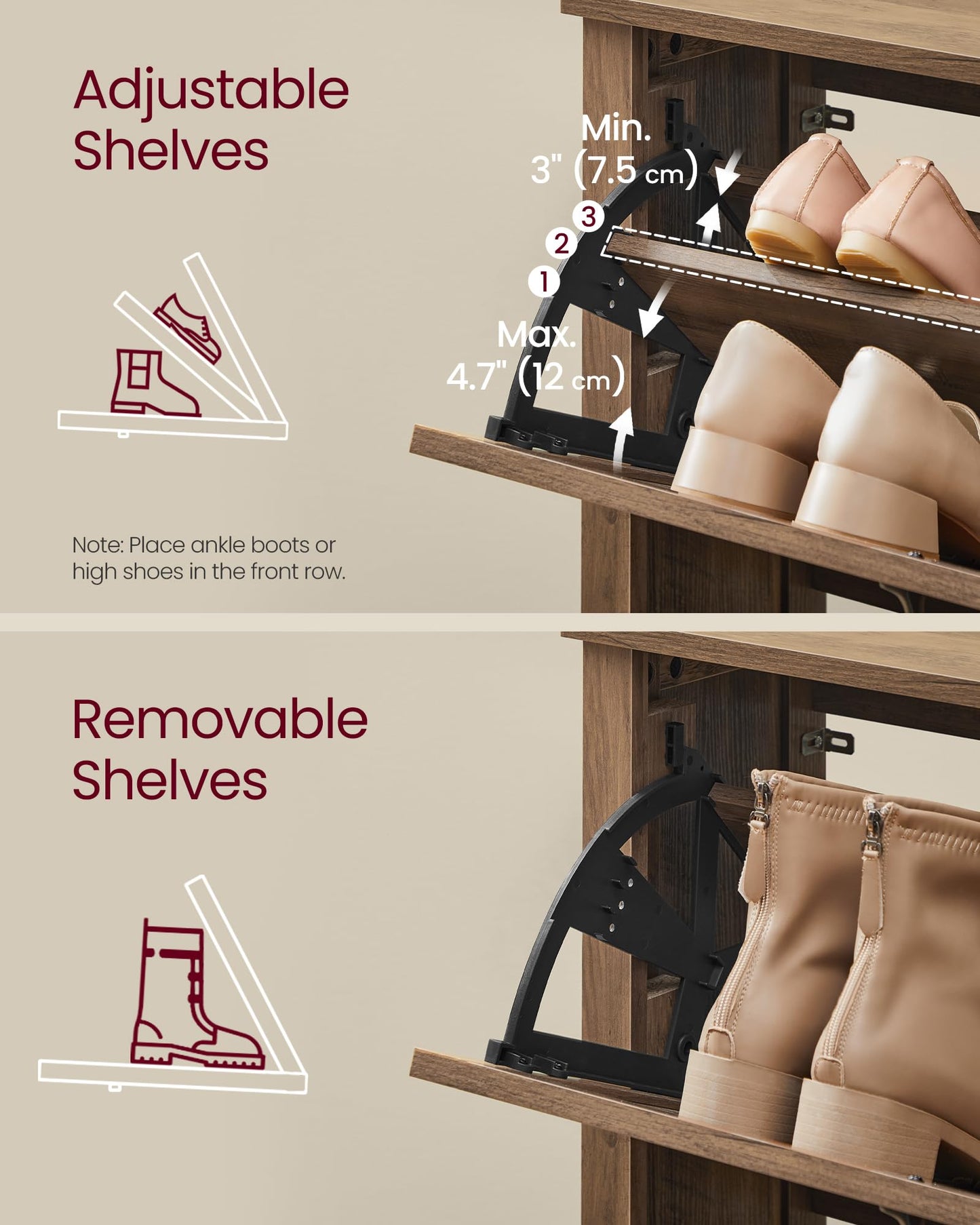 VASAGLE Farmhouse Shoe Cabinet, Narrow Storage Organizer, 2 Flip Drawers