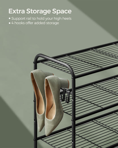 SONGMICS Shoe Rack, 4-Tier Shoe Organizer, Metal Shoe Shelf Storage with 4 Side Hooks, Holds 15