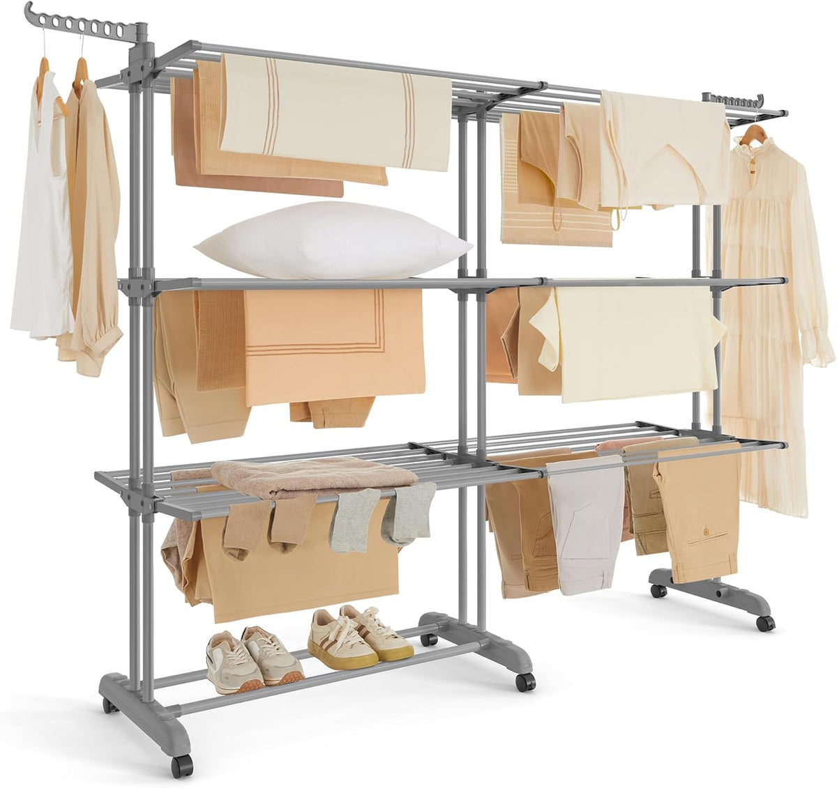 SONGMICS Clothes Drying Rack 4-Tier, Foldable Laundry Drying Rack 69.9-Inch Tall, Extendable Rods
