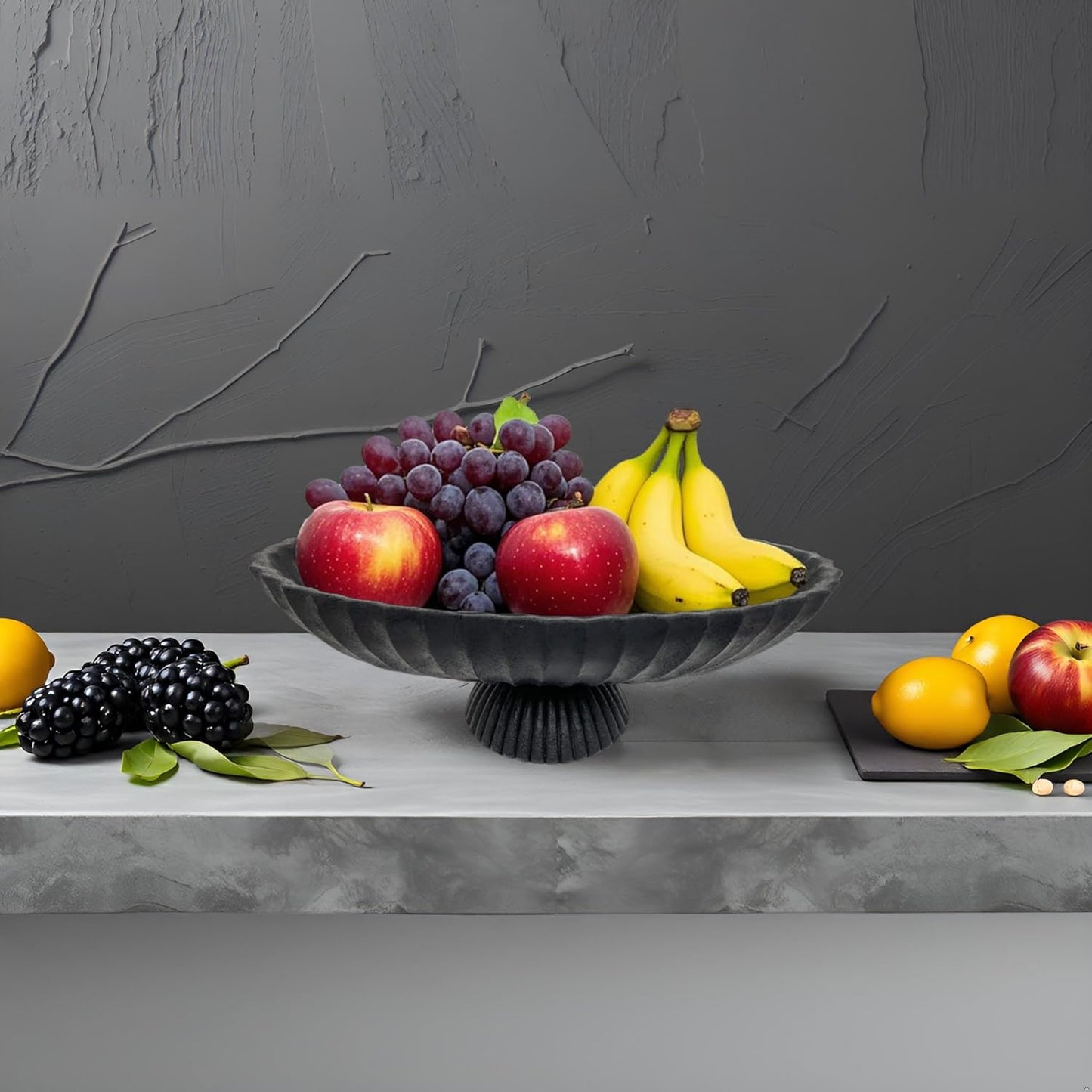 14.5" Large Decorative Long Bowl - Black Fluted Scalloped Decorative Bowls for Home Decor - Ruffle