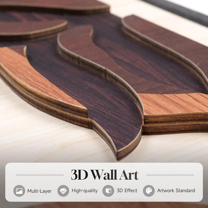 Framed Textured Wood 3D Wall Art for Living Room, Large Boho Tropical Brown Artwork for Walls, 3