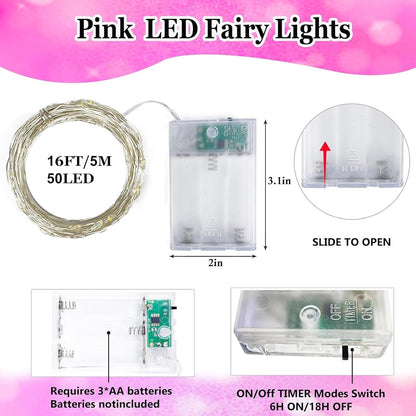 4-Pack 50 LED Pink Fairy Lights Battery Operated with Timer, 16FT Waterproof Starry String Lights