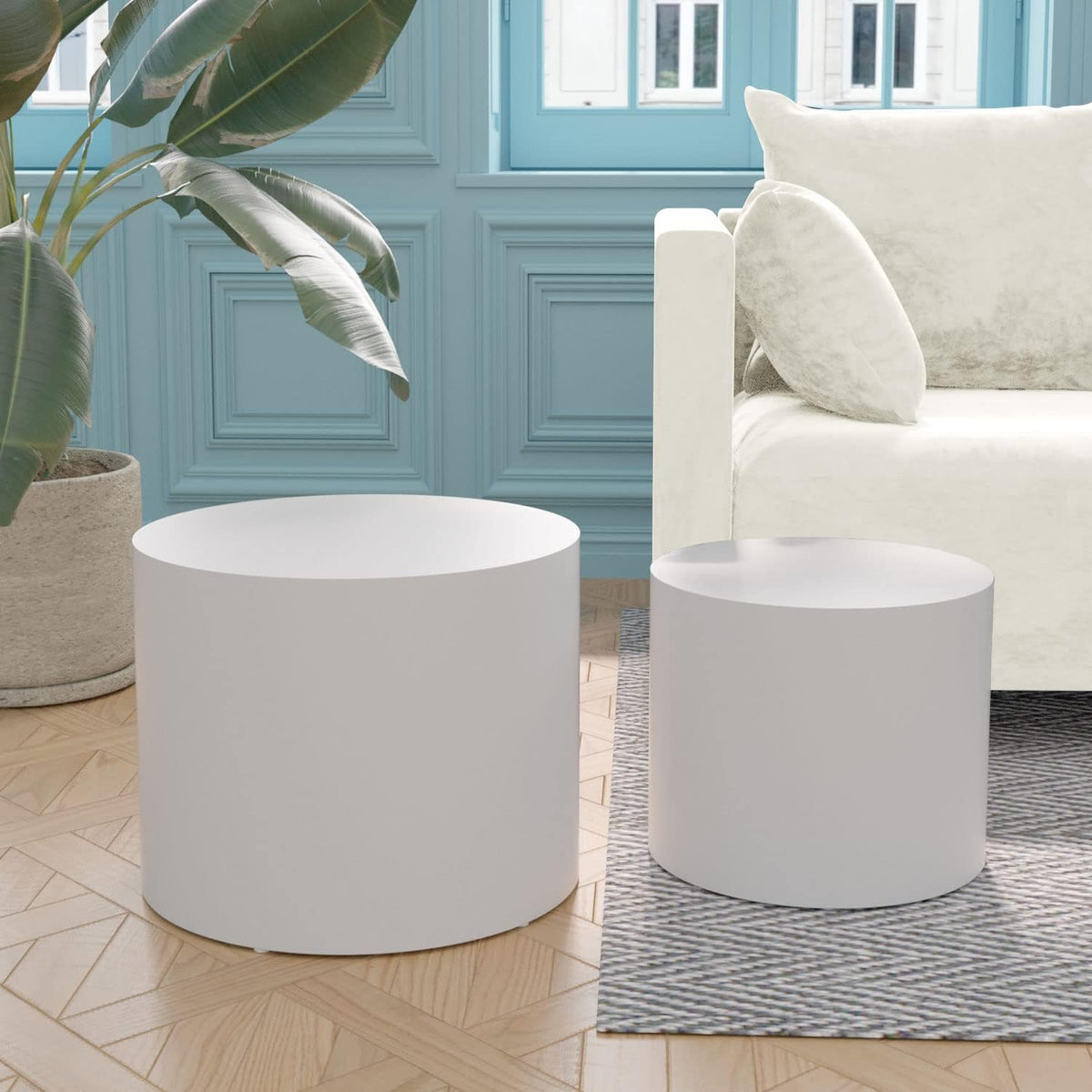 WILLIAMSPACE Nesting Coffee Table Set of 2, Matte White Round Wooden Coffee Tables Modern Circle