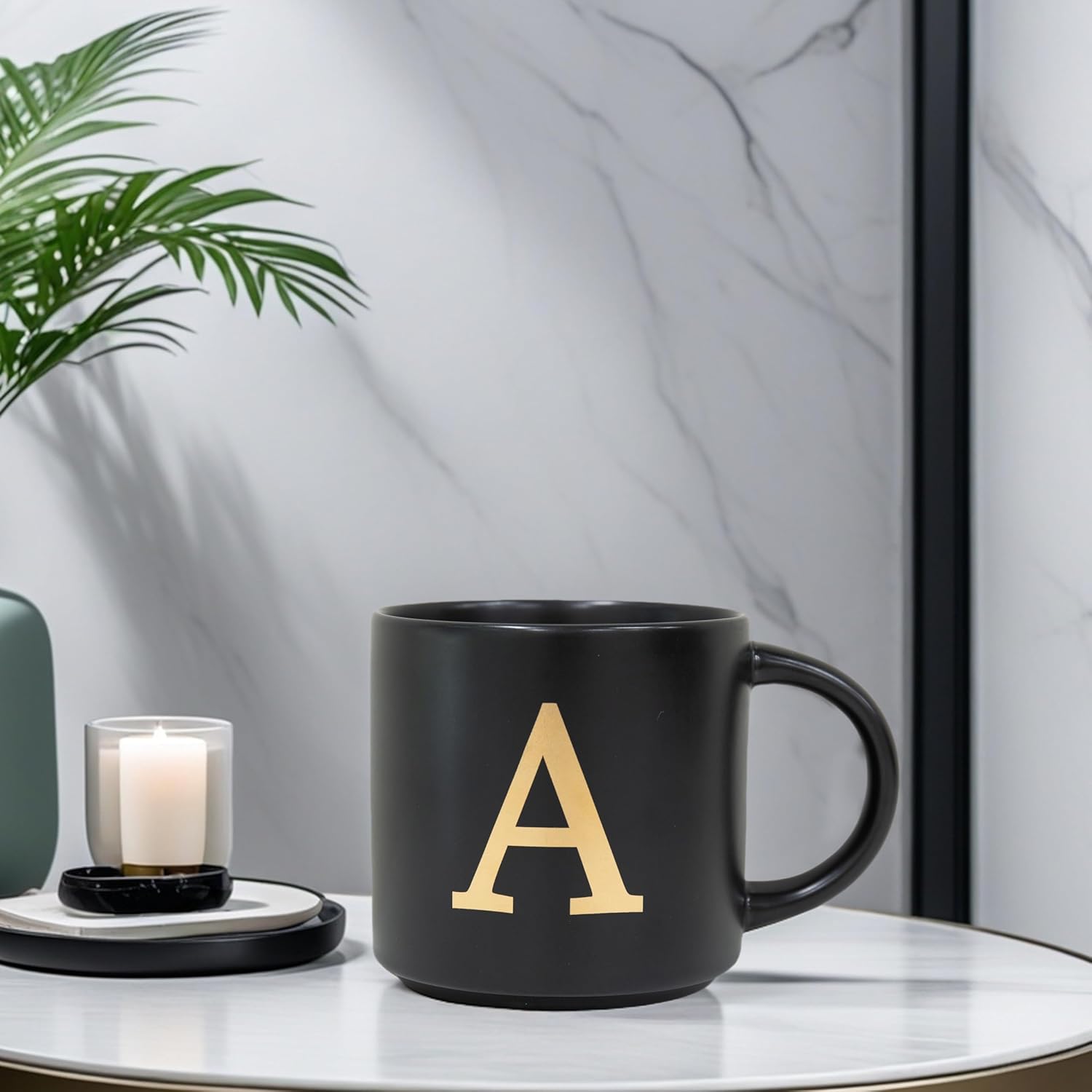 COLLECTIVE HOME - Monogram Ceramic Mugs, 15 oz Golden Initial Black Coffee Cups, Elegant Alphabet