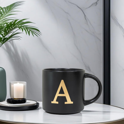 COLLECTIVE HOME - Monogram Ceramic Mugs, 15 oz Golden Initial Black Coffee Cups, Elegant Alphabet