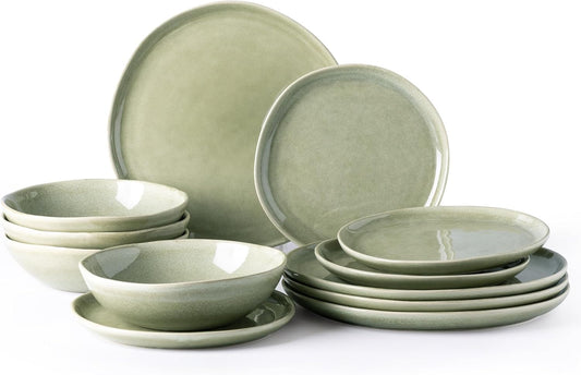 AmorArc Ceramic Dinnerware Sets,Handmade Reactive Glaze Stoneware Plates and Bowls Set,Highly