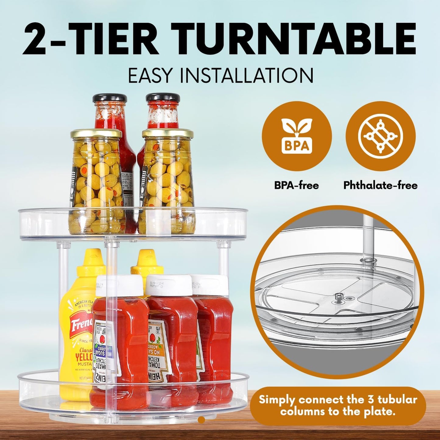 Clear Lazy Susan Organizer, Spice Rack Kitchen Cabinet Turntable, Pantry and Fridge Rotating