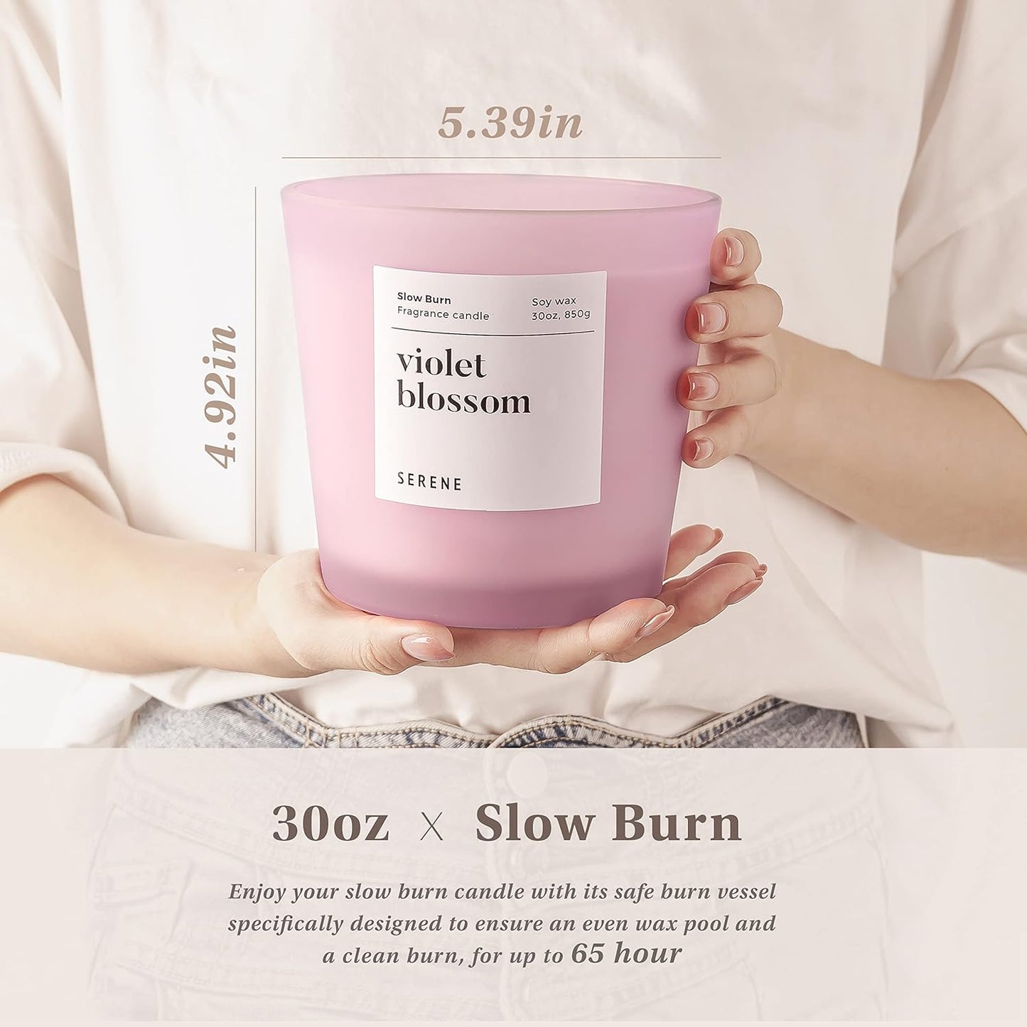 Hidden Label Large Scented Candle, Violet Blossom, 30oz 3 Wick Huge Candle, Serene Collection Slow