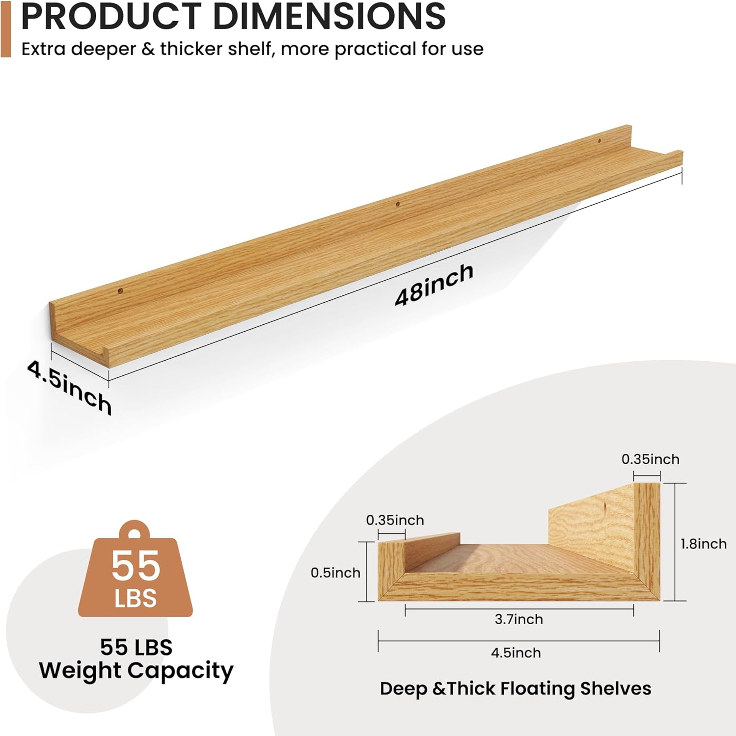Fun Memories Picture Ledge Shelves Set of 2, 48 Inch Rustic Wall Mounted Floating Shelves with Lip