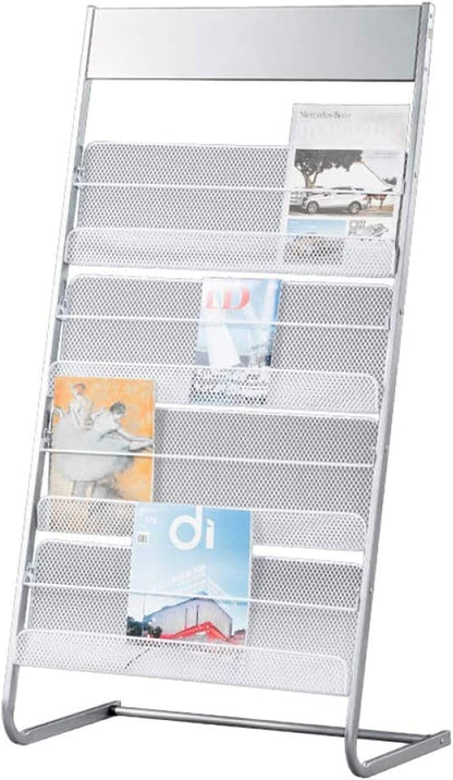 GENMO Floor-Standing Magazine Rack, Carbon Iron Steel, Silver, 4 Large Shelves, Convenient